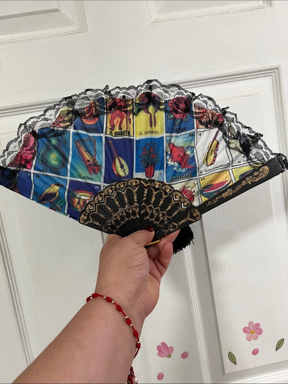 Colorful Lotería Print Hand Fan with Black Lace Trim